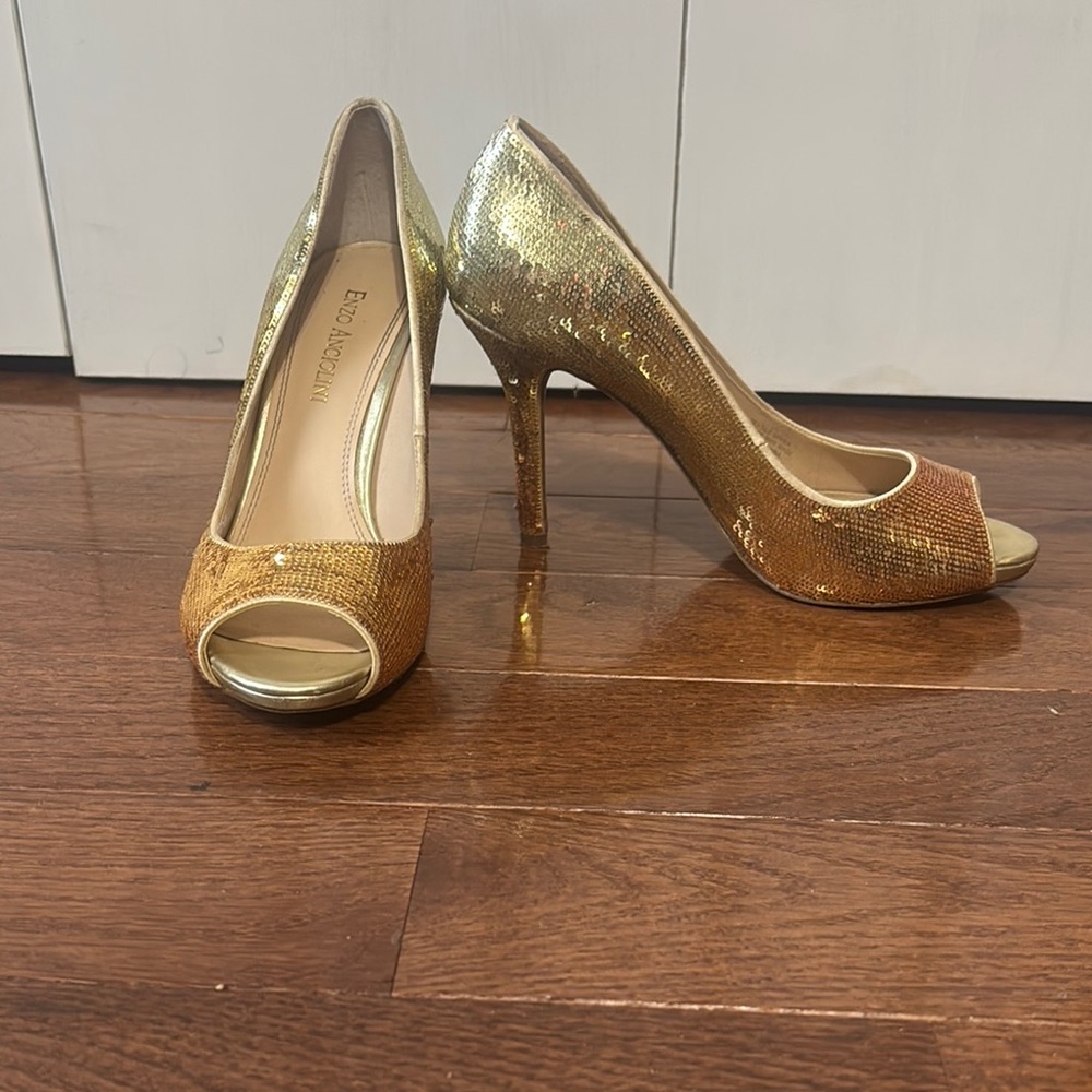 Enzo Angiolini Gold Sequin Peep Toe Heels